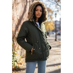 Adrienne Vittadini Puffer Jacket Womens Size S Olive Green Hood Faux Fur stadium